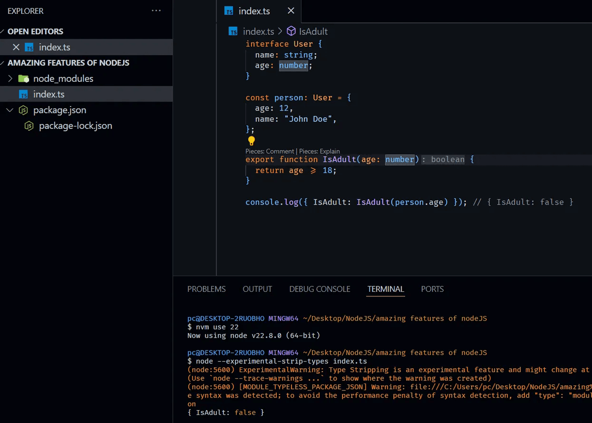 Screenshot about typescript support node.js
